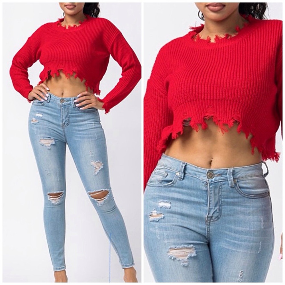 🌹Hera Collection Cropped Distressed Rib Knit Red Pullover Sweater